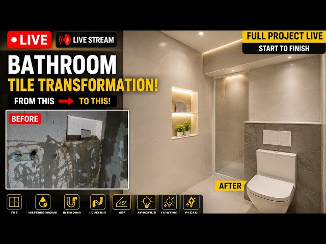 🔥 LIVE: Bathroom Tile Transformation! From Rough to Perfect 🔨🤯