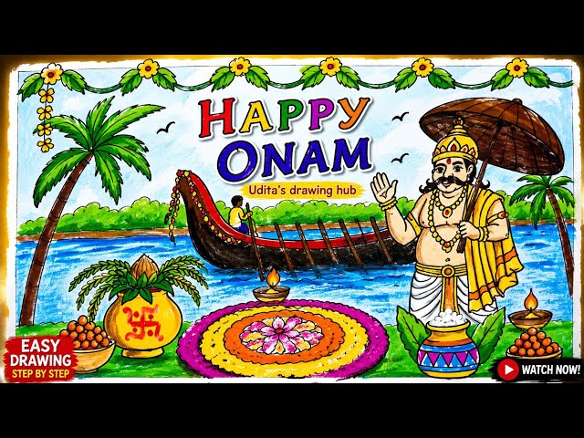 Happy Onam Drawing | Easy Onam Festival Poster Drawing Step by Step | Onam Drawing