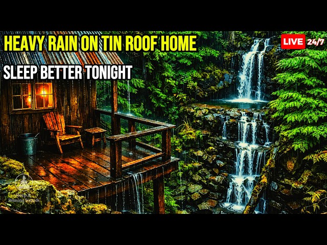 🔴 Heavy Rain on a Forest Cabin Beside a Waterfall • Tin Roof Ambience for Deep Sleep