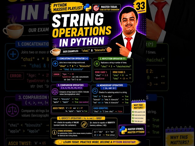 Python Video 33🐍 String Operators in Python Explained 🚀 | +, *, in, not in, == vs is