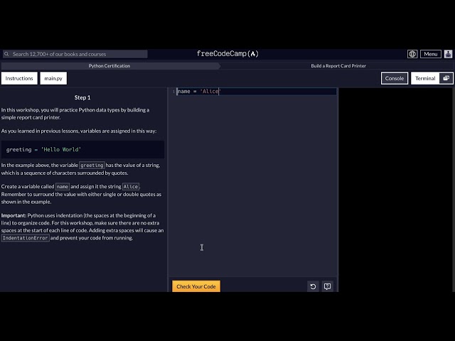 FreeCodeCamp - Python Project  - Step 1 of 10 - Build a Report Card Printer