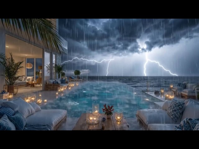Epic Tropical Storm Over An island Ocean Villa (No Ads) | Heavy ThunderStorm, Waves & Wind Sounds