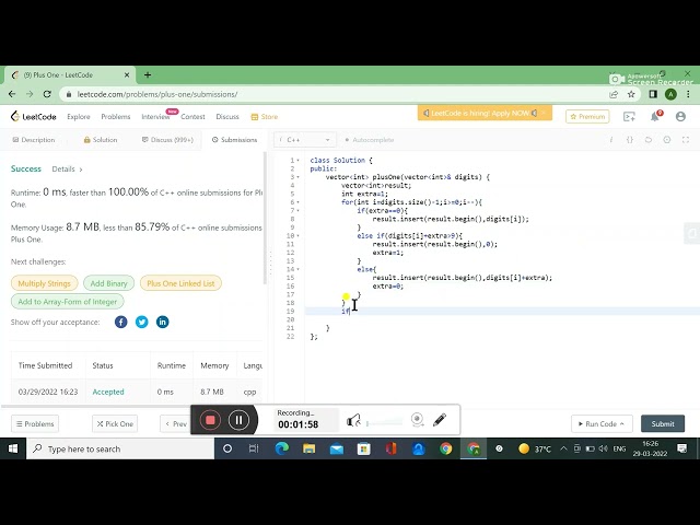 66. Plus One || LEETCODE SOLUTION || ARRAY || IN C++ || DATA STRUCTURE AND ALGORITHM