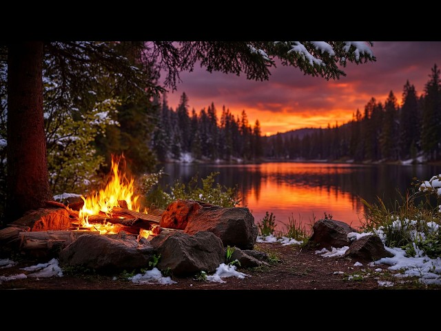 Relaxing Campfire by the Lake at Golden Hour 🌄 Natural Evening Background Sounds