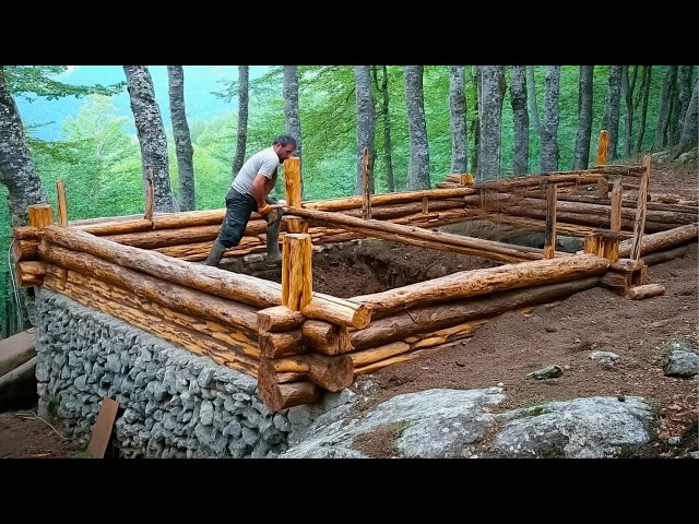 Two Men Build House with LOGS and STONES in the Forest | Start to Finish by @lesnoy