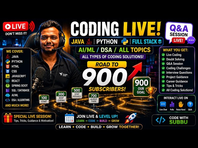 Coding LIVE | Java, Python, Full Stack, AI/ML & DSA | Road to 900 Subscribers 🚀 #live #livestream