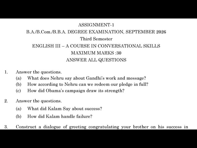 Assignment -1 | Third Semester | English Paper Q&A | BA/BCom/BBA Degree Examination, September 2026