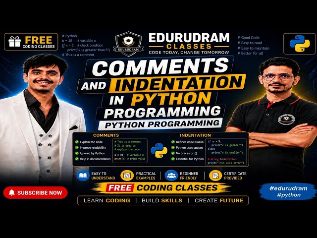 Comments and Indentation in Python Programming | Python Programming |Free Coding Classes #edurudram