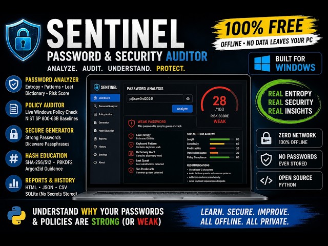 Sentinel Password Auditor – Free Offline Password Security & Strength Checker (Python)