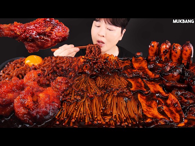 ASMR MUKBANG | Black Bean Noodles &  Mushrooms, Spicy Fried Chicken, Sausage recipe EATING SOUND