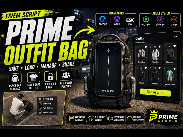 FiveM Outfit Bag | Previews, Saves & Sharing clothes | [ESX, QBCORE, QBOX] | Prime Scripts