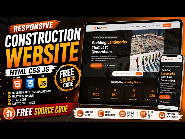 Responsive Construction Company Website Using HTML CSS & JavaScript | Modern UI + Free Source Code