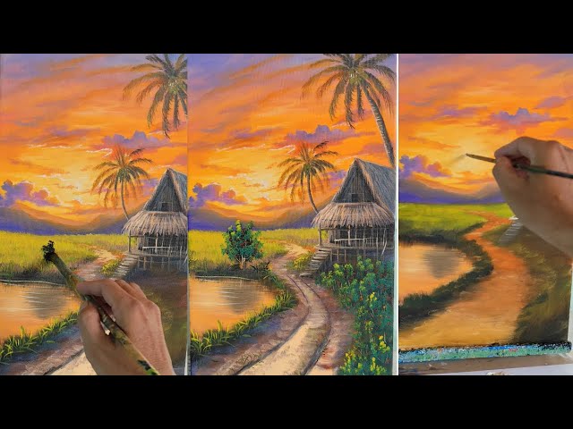 Peaceful Sunset Landscape Painting with Palm Trees and Countryside House | TreeFlow Art