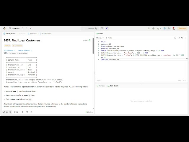 LeetCode SQL Problem - Find Loyal Customers #leetcode #sql