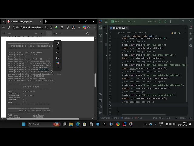 student registration project in javalike prototype