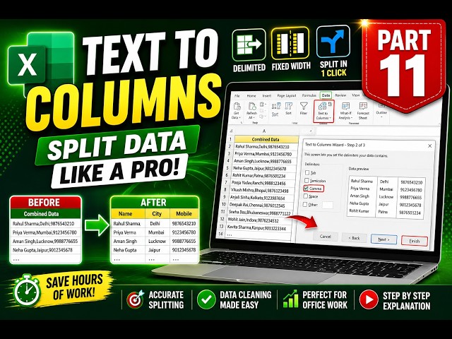 Text to Columns in Excel Full Tutorial | 😊Split Data Like a Pro (2026) | Part 11