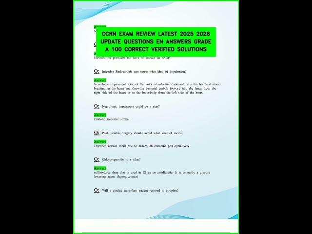 CCRN EXAM REVIEW LATEST 2025 2026 UPDATE QUESTIONS EN ANSWERS GRADE A 100 CORRECT VERIFIED SOLUTIONS