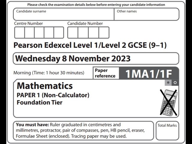 GCSE Maths Nov 2023 Foundation Paper 1 Non calc Pearson Edexcel