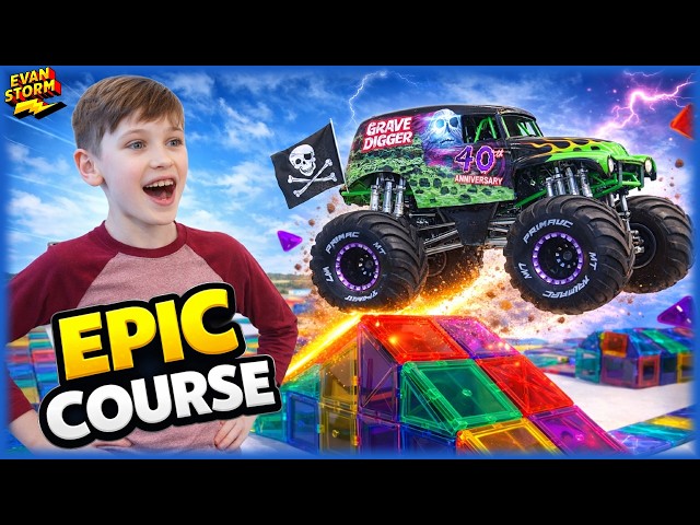 Evan & Emily Build the ULTIMATE Magnetic Tile Monster Truck Arena!