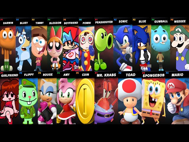 Sonic vs Mario vs SpongeBob vs Gumball vs Darwin vs Pomni vs Bluey | Super Smash Bros