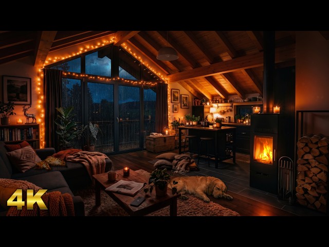 Thunderstorm Night in a Warm Wooden Loft | Fireplace & Sleeping Pets ⛈️🐾