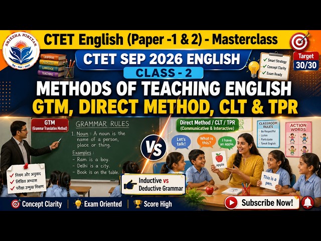 CTET Sept 2026 English Class 2: Methods of Teaching | GTM, Direct Method, CLT, TPR