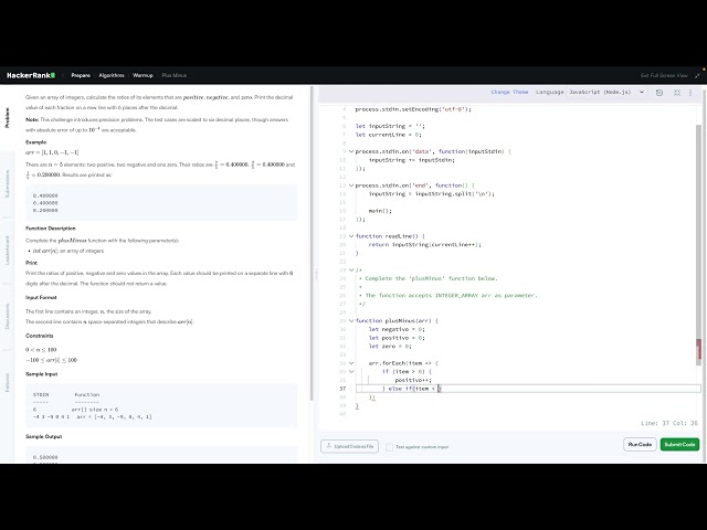 Plus Minus usando JavaScript - HackerRank - PT-BR
