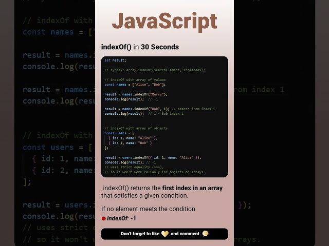 indexOf function in JavaScript #code #coding #htmlcss #reactjs #webdev #nodejs #javascript #js #win
