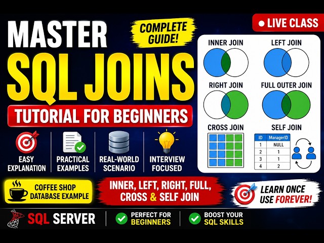All SQL Joins Tutorial in One Video | INNER, LEFT, RIGHT, FULL, CROSS & SELF JOIN | SQL Server