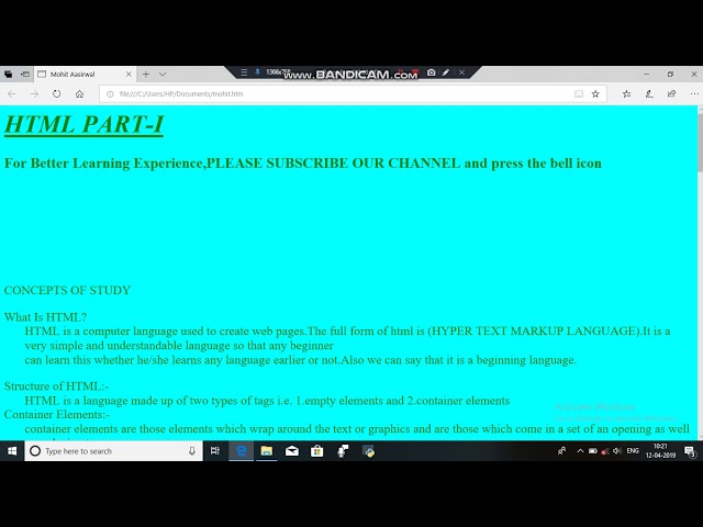 Mohit Aasirwal first video HTML for class 10 .. A start that will surely be great