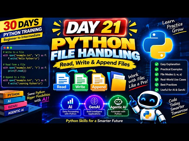 Day 21 | Python File Handling Explained | Read, Write| Python for AI, GenAI & Agentic AI