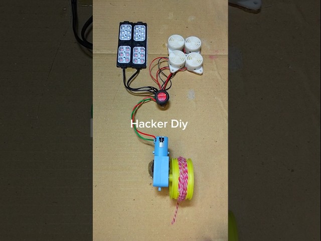 Rope Pulling Metal Gear Motor Powering Into 4 Buzzers and Two LED Light #dcmotor #tech #shorts