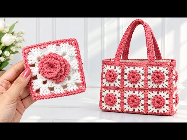 Crochet Rose Flower Bag Motif Tutorial 💕💯Easiest Square Pattern For Cardigan,Shawls and Blankets 