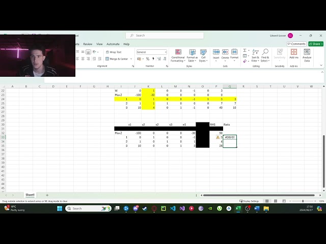 Solving a Linear Programming problem in Excel using the Two Phase Simplex Method