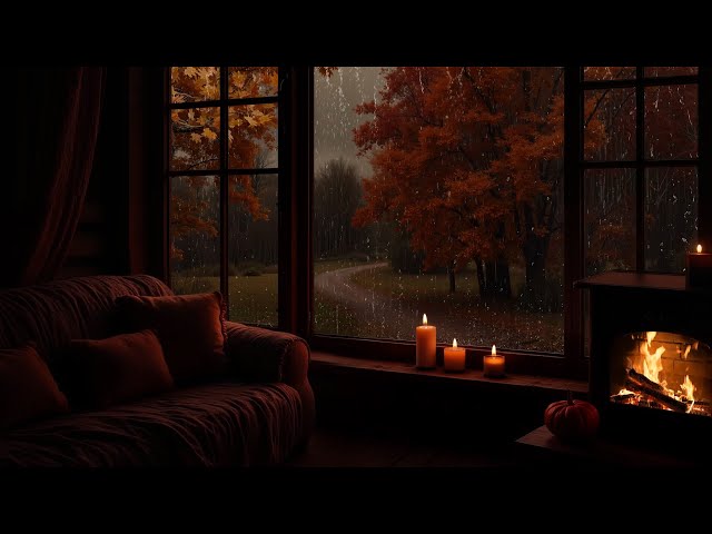 NO ADS🌧️Rainy Day Cozy Fall Ambience🍂 Gentle Rain & Cozy Fireplace Sounds For Study & Sleep