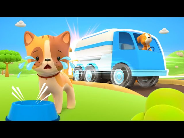 The kitten is hungry. The Helper Cars help the tow truck and clear the road for the milk truck.