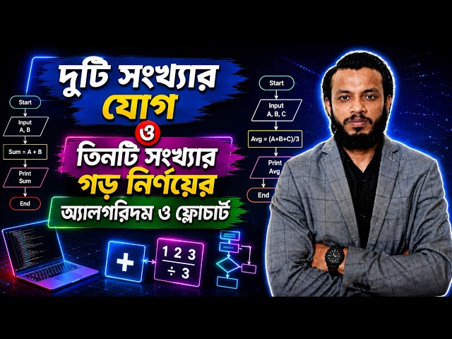 দুটি সংখ্যার যোগ ও তিনটি সংখ্যার গড় নির্ণয়ের অ্যালগরিদম ও ফ্লোচার্ট || অ্যালগরিদম, ফ্লোচার্ট ও কোডিং