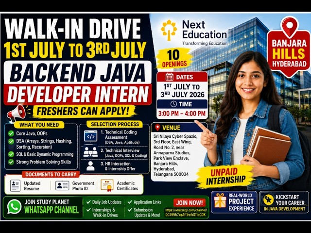 🚀 Next Education India Walk-in Drive 2026 | Backend Java Developer Intern | Freshers