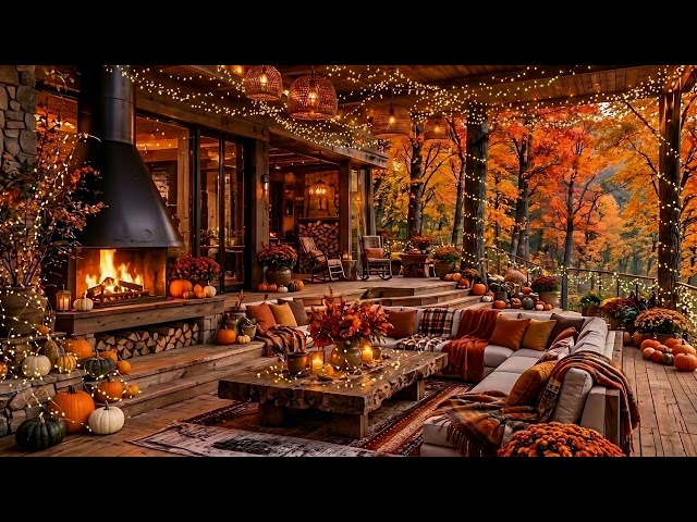 Golden Autumn Jazz 🍂 Cozy Fireplace on a Magical Forest Terrace | Smooth Jazz & Relaxing Ambience