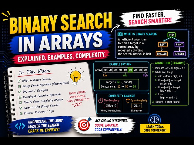 Lecture 12 Binary Search | Arrays | With Explained Algorithm & Examples | Complexity Analysis | DSA
