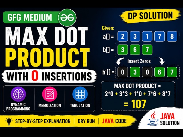 Max Dot Product with 0 Insertions | GFG Solution | Dynamic Programming | Java