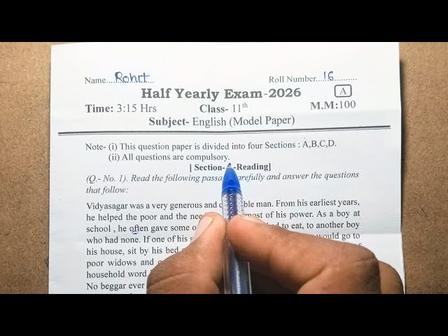 Half yearly exam class 11th english ka paper 2026-27 / English class 11th ardhvaarshik paper 2026.