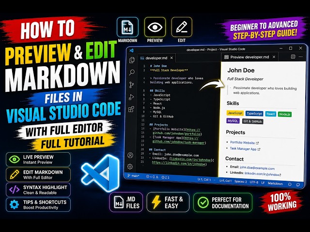 How to Preview & Edit Markdown Files in Visual Studio Code With Full Editor Full Tutorial