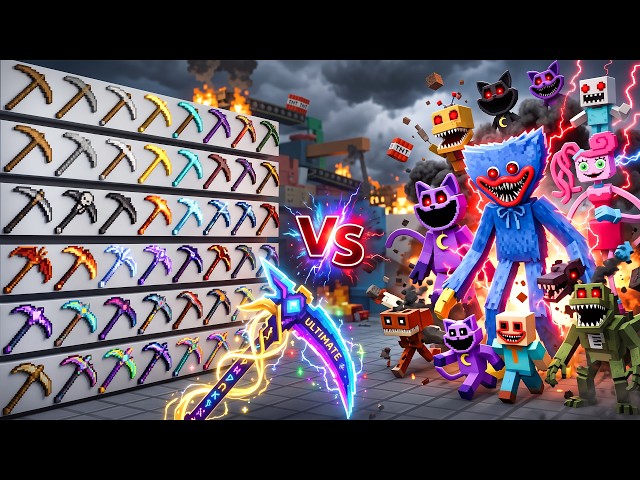 Which All Legendary Scythes VS Huggy Wuggy Playtime Bosses in Minecraft ?