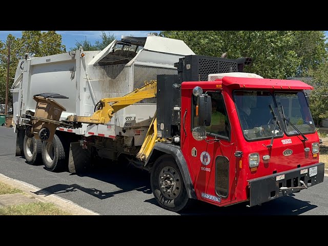 Vintage Red Austin CCC Heil Python Automated Side Loader Garbage Truck on Trash Tiny Toters