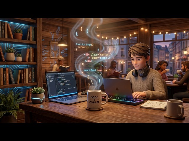 Young man in Java cafe for Beginners