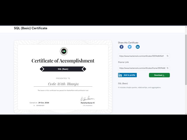 Hacker Rank SQL Basic Certification Test || Get Your Hacker Rank SQL Basic Certificate || Telugu
