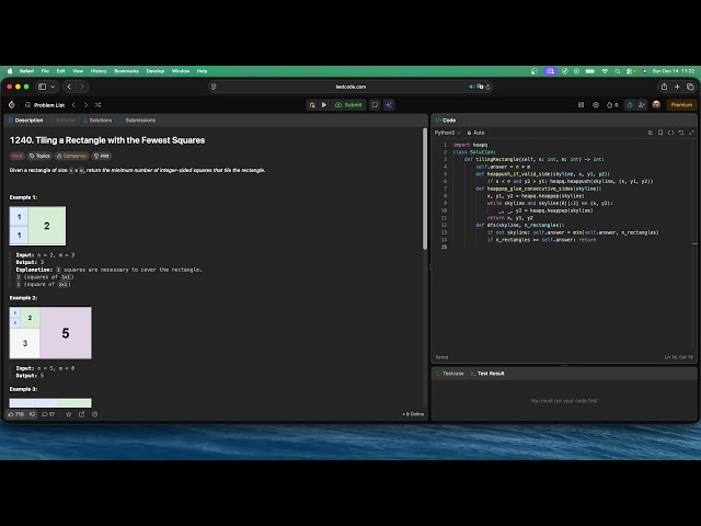 No Sound Leetcode 1240: Tiling a Rectangle with the Fewest Squares