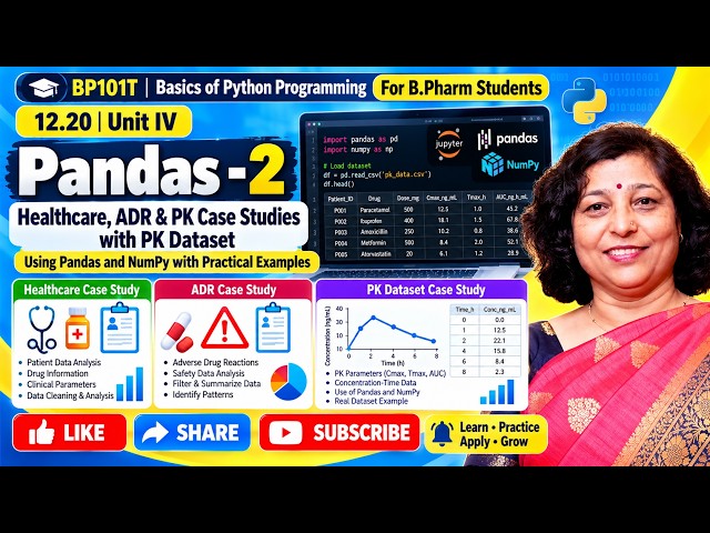 12.20 Unit IV Pandas-2 | Healthcare, ADR & PK Dataset Case Studies Using Pandas + NumPy | B.Pharm
