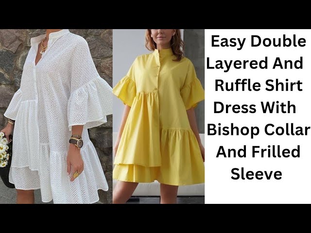 Easy Double Layered, Ruffle Hem Shirt Dress With  Bishop Collar And Frilled Sleeve